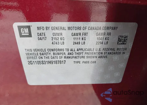 2017 Chevrolet Impala 1Lt from USA, damaged, VIN 2G1105S31H9187817